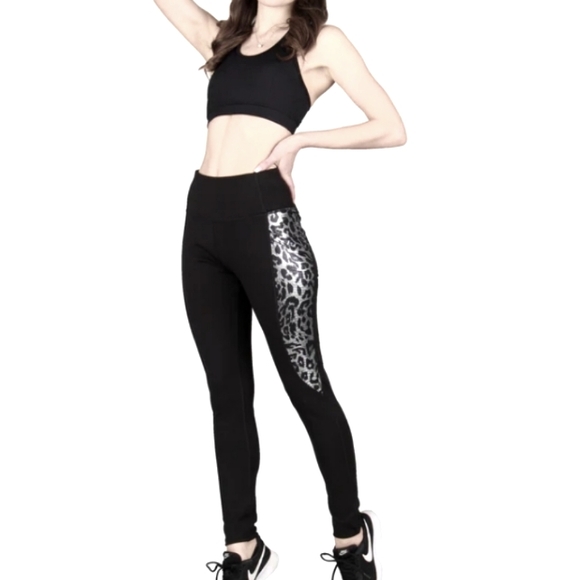 Women's Shiny Silver Printed Sporty High Rise Athletic Leggings - Picture 1 of 7
